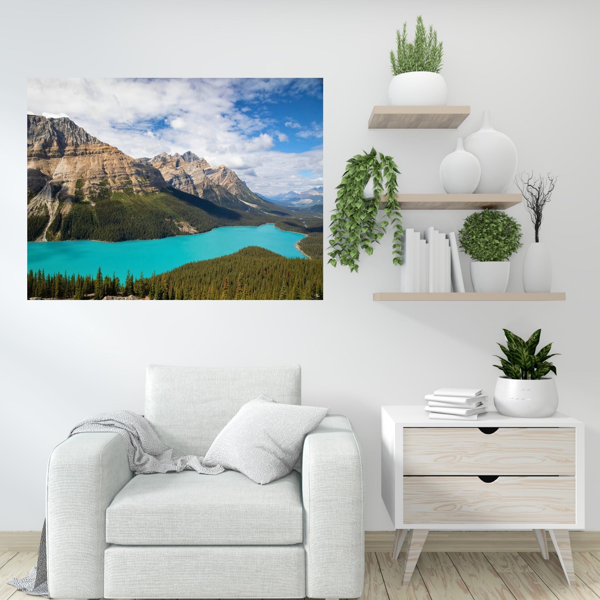Peyto Lake wall art in a Scandinavian-style living space with white furniture and floating shelves—bright turquoise water framed by Canadian Rocky Mountains.
