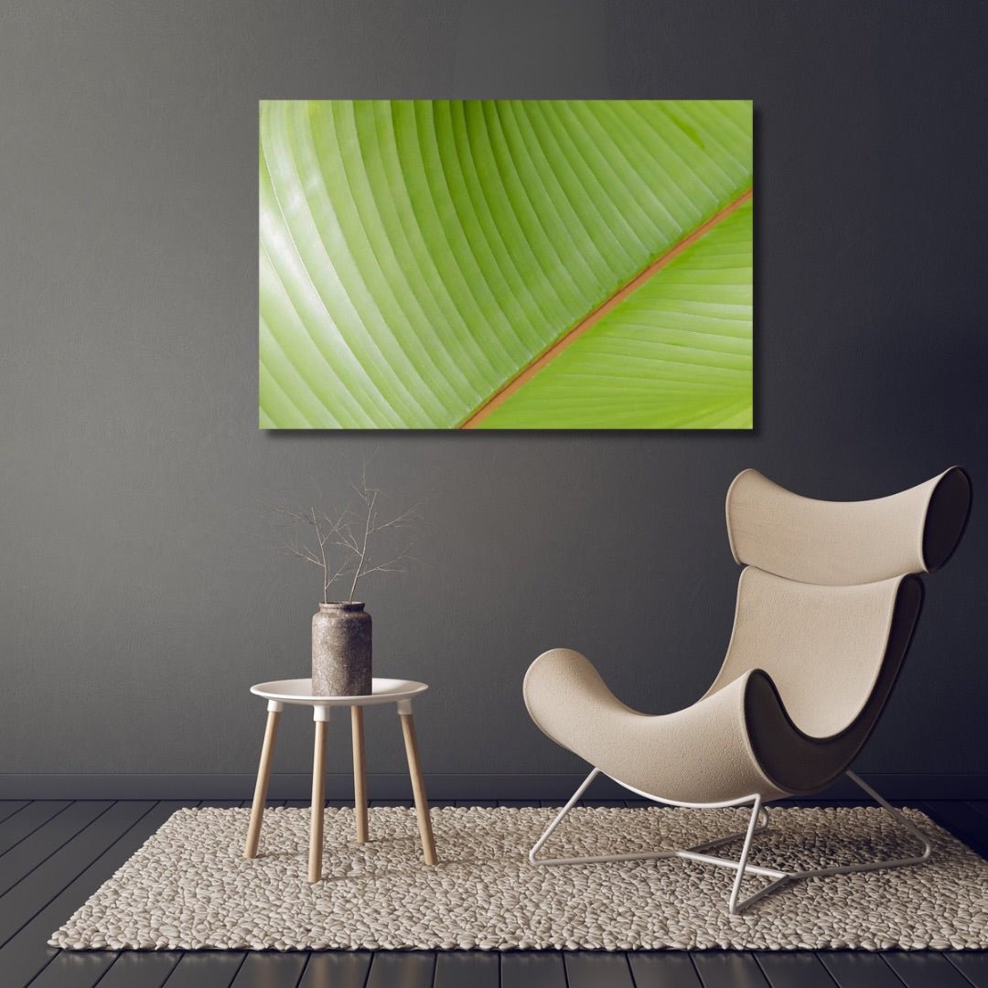 Color of Banana Leaves fine art photography creates a bold focal point against a charcoal wall in a contemporary living room with modern furnishings.