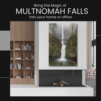 Video thumbnail showing Multnomah Falls wall art displayed in a modern living room and office settings.