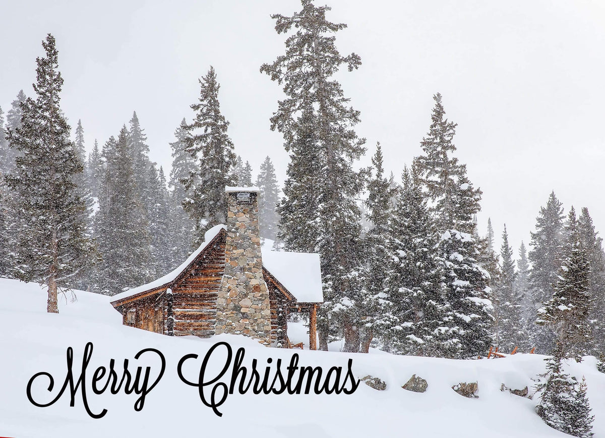 Merry Christmas snowy cabin greeting card