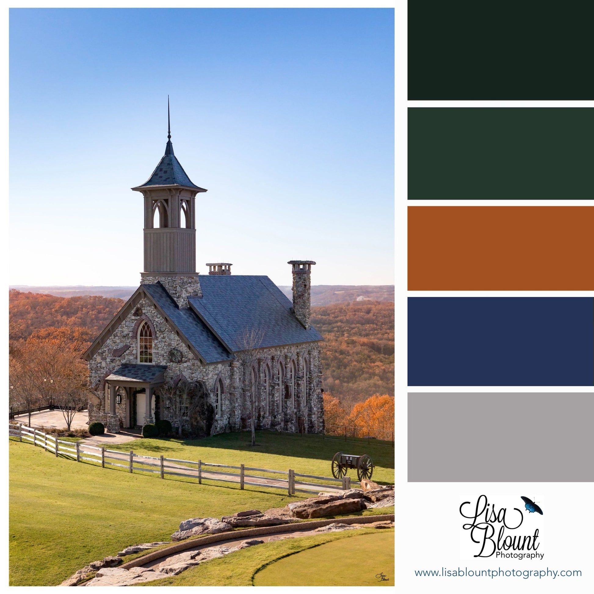 Chapel of the Ozarks church on a fall day with orange leaves and blue sky - a true autumn scene.   Color palettes associated with greens, orange, blue and gray.