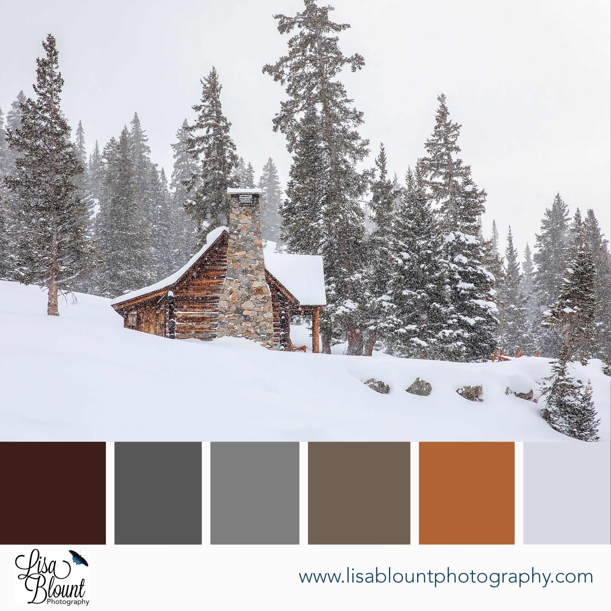 Mountain Memories snowy cabin artwork with coordinated winter color palette — browns, grays, and cool neutrals for interior design inspiration.