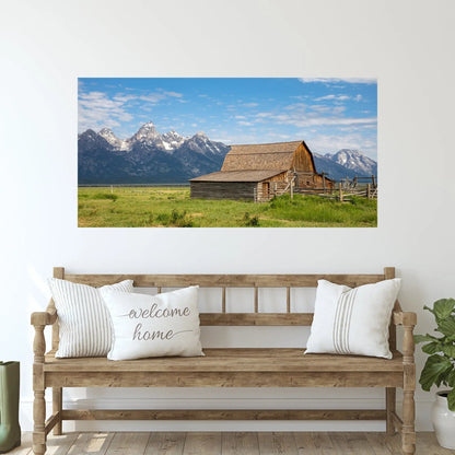 John Moulton barn art displayed as 60x30 above farmhouse bench