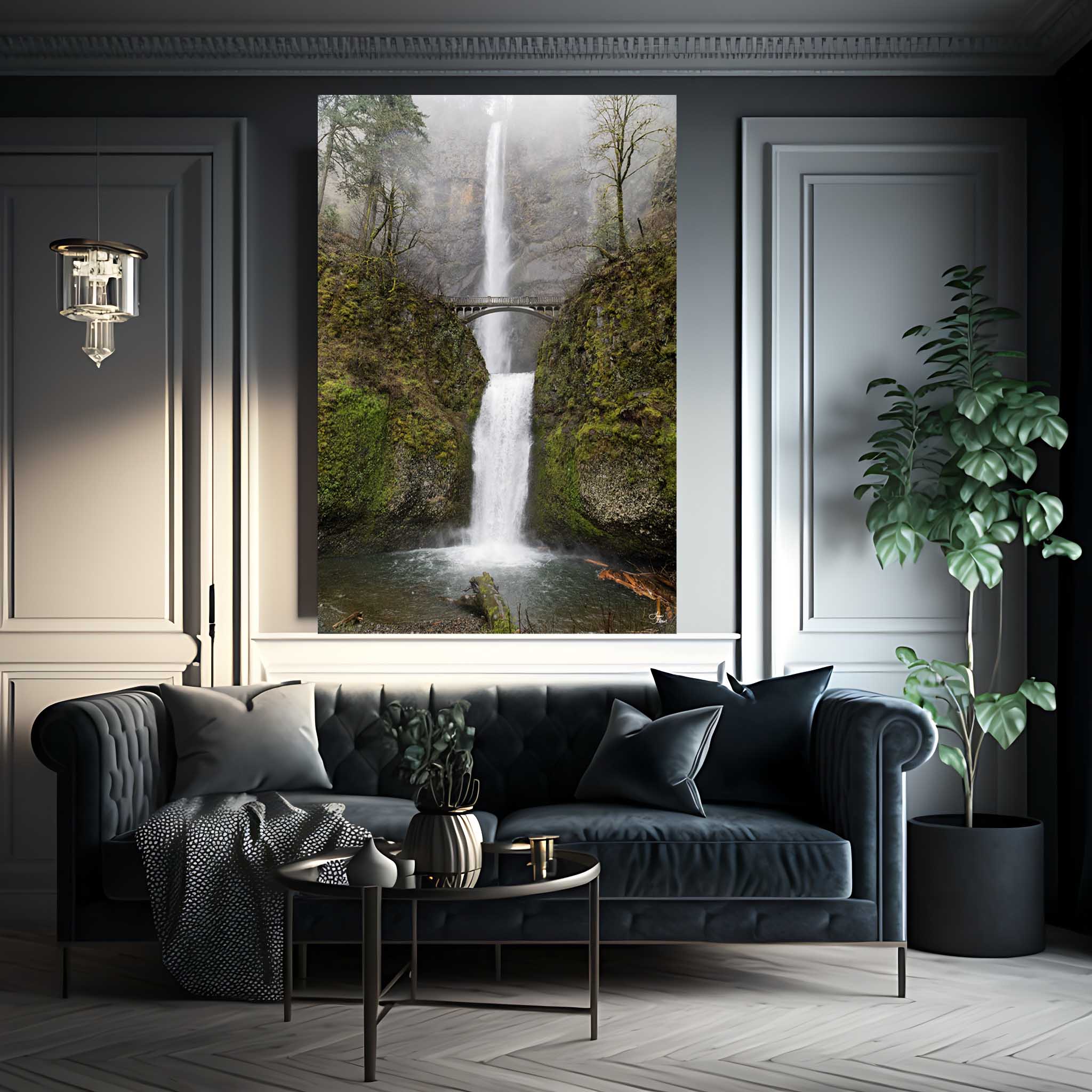 Multnomah Falls color palette board showing the waterfall image alongside curated nature-inspired tones of green, brown, and gray.