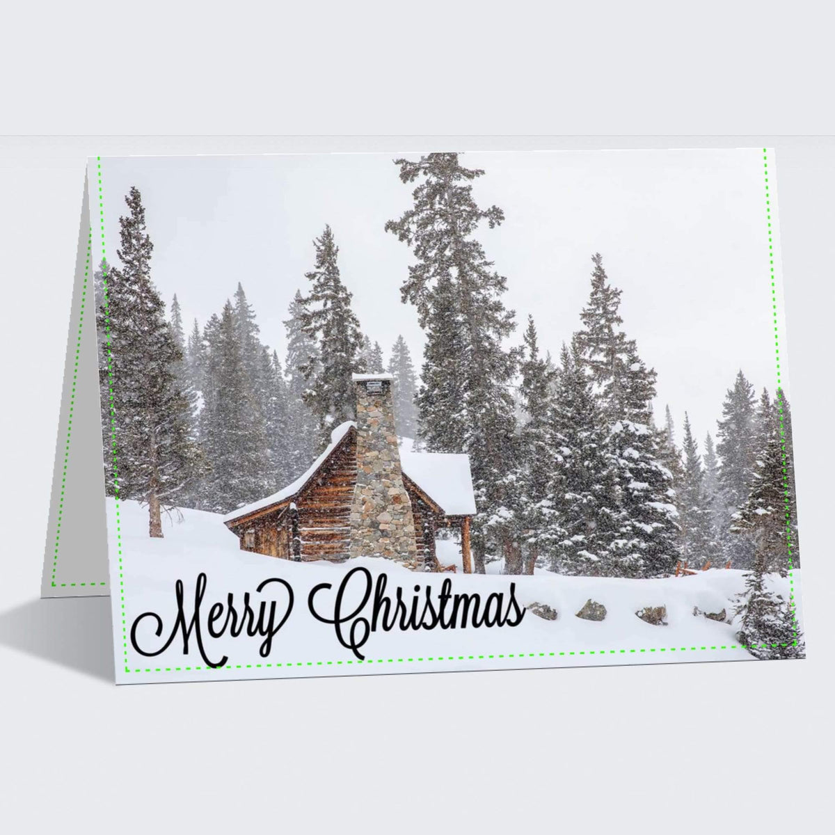 Outside of Mountain Memories linen Christmas card showing optional personalized holiday greeting.
