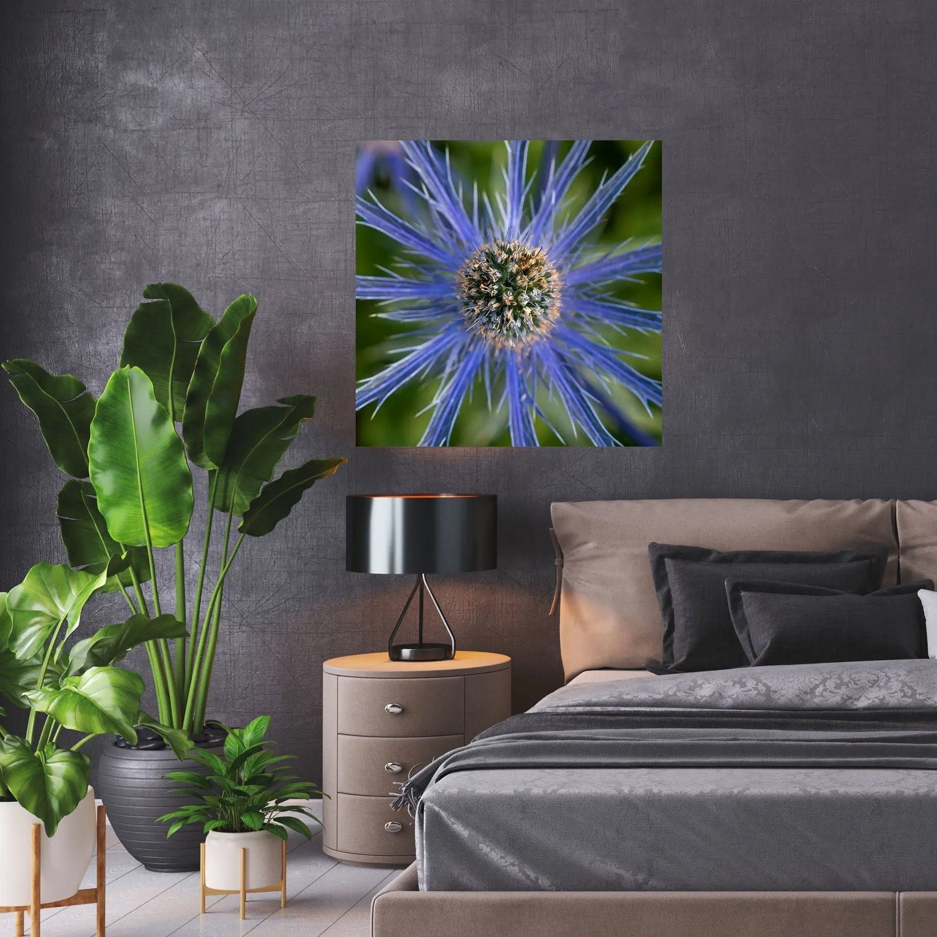 Blue Dynamite Mediterranean Sea holly fine art photograph hanging above a modern white desk workspace, featuring vibrant blue and green spiky floral details.