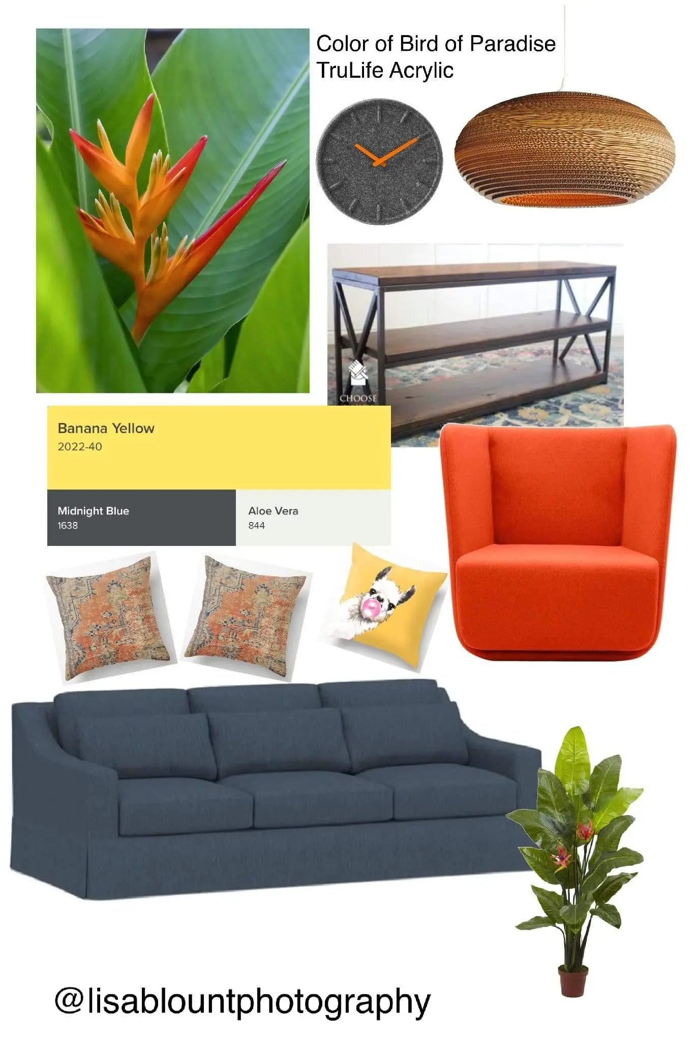 Colorful orange yellow and green  Mood board featuring bird of paradise wall decor