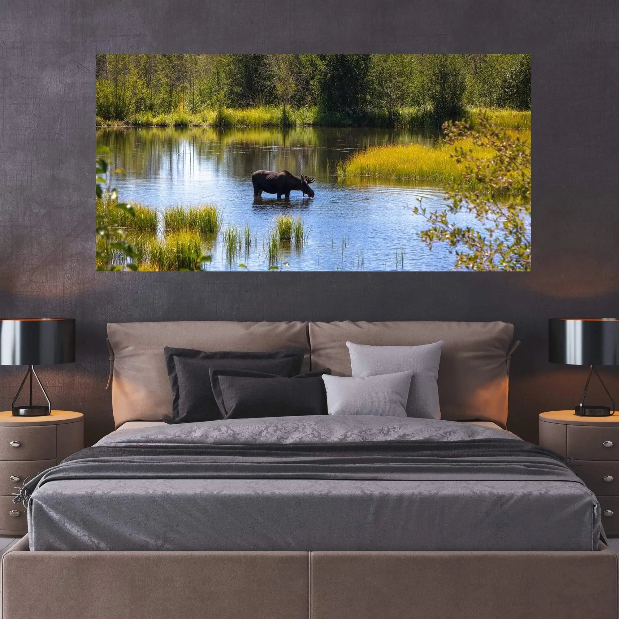 Color of Fall in Moose art on display on brown bedroom wall