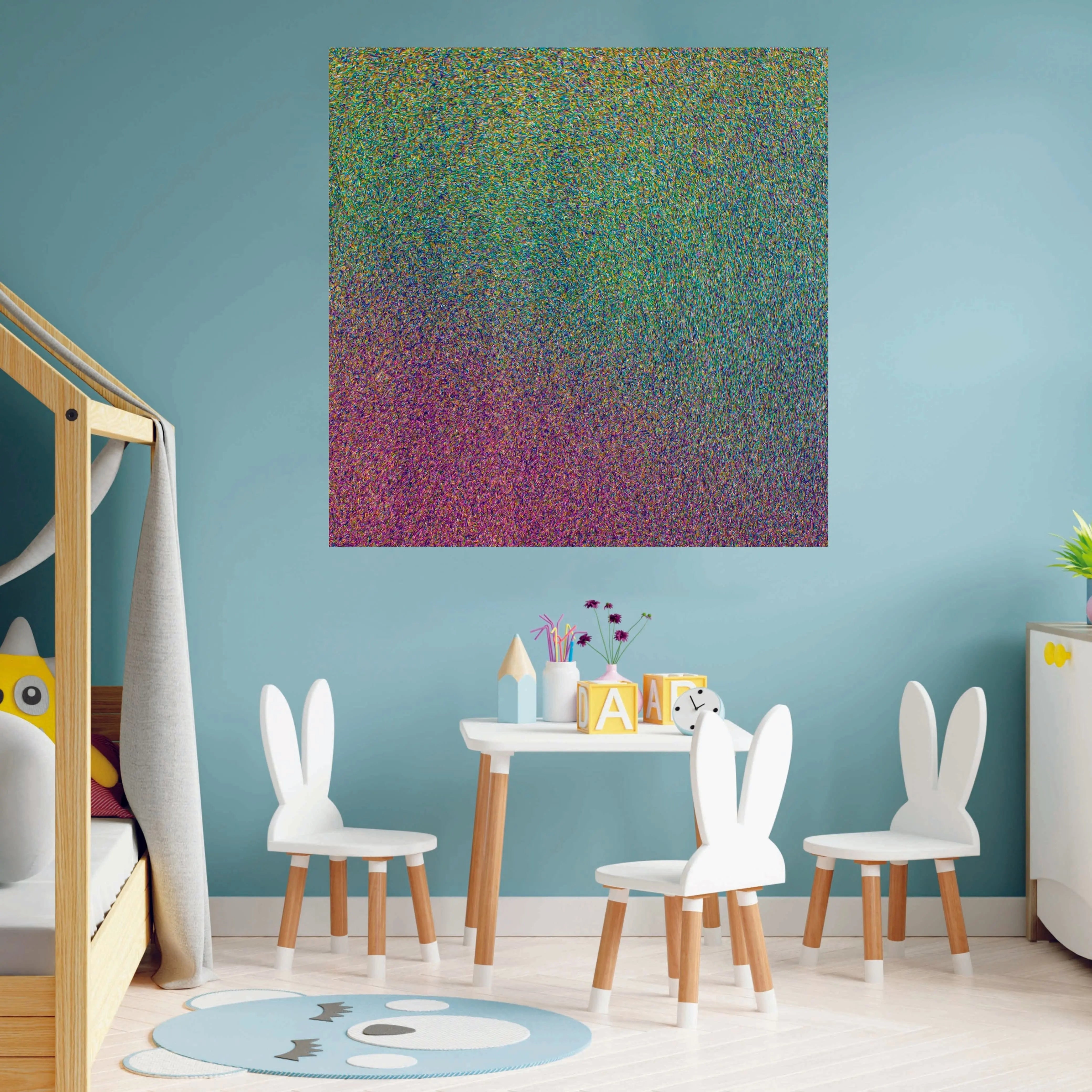 Colorful sand abstract art displayed in childrens play room