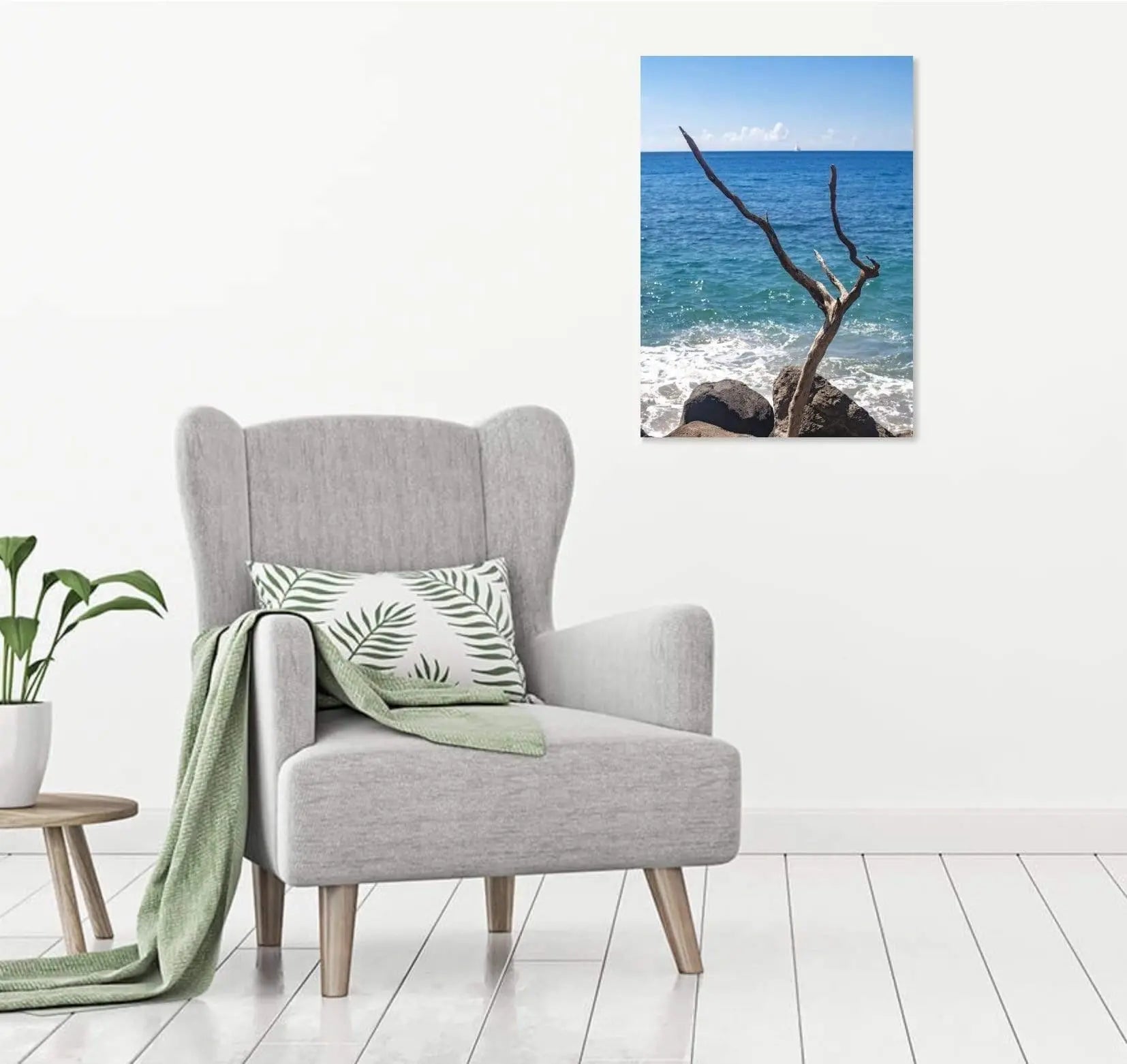 Comfy gray and white room featuring a 20x30 wall decor of beach themed wood and ocean