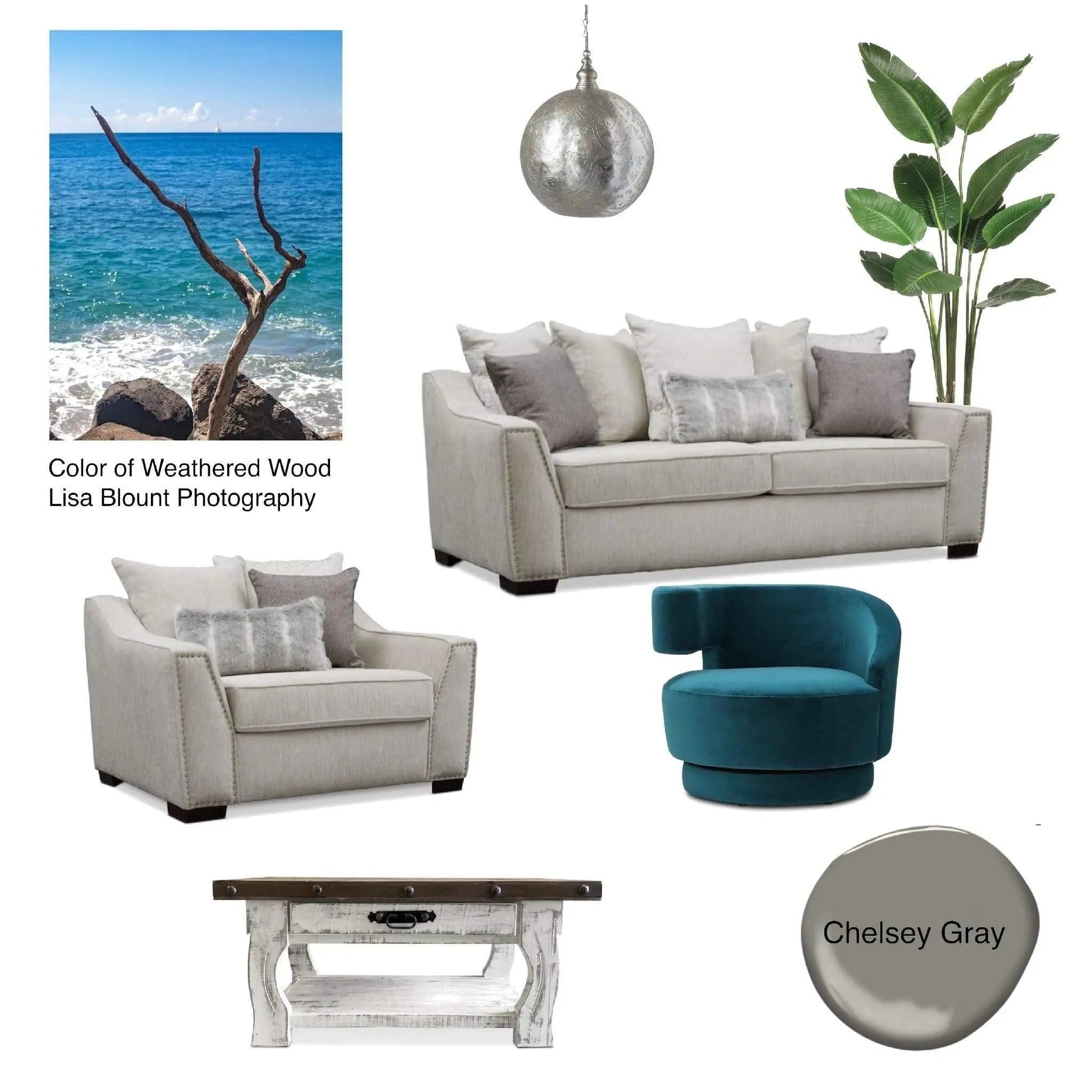 Gray and teal home decor mood board with art of a tree branch growing by the ocean in st Lucia beach