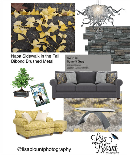 cozy yellow gray mood board with abstract leaf art ginkgo leaves 40x30