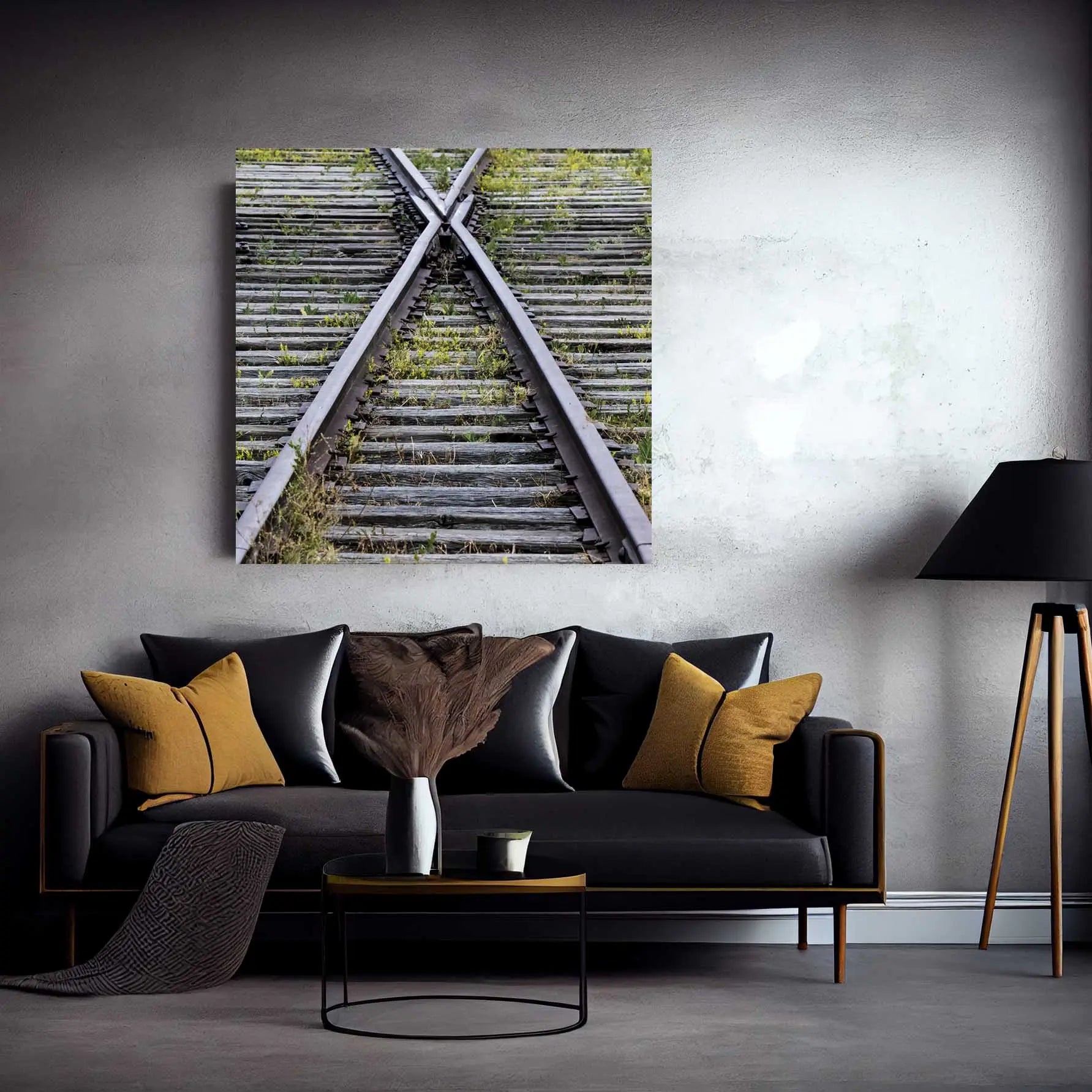 Railroad train track wall decor unique brushed metal on gray wall