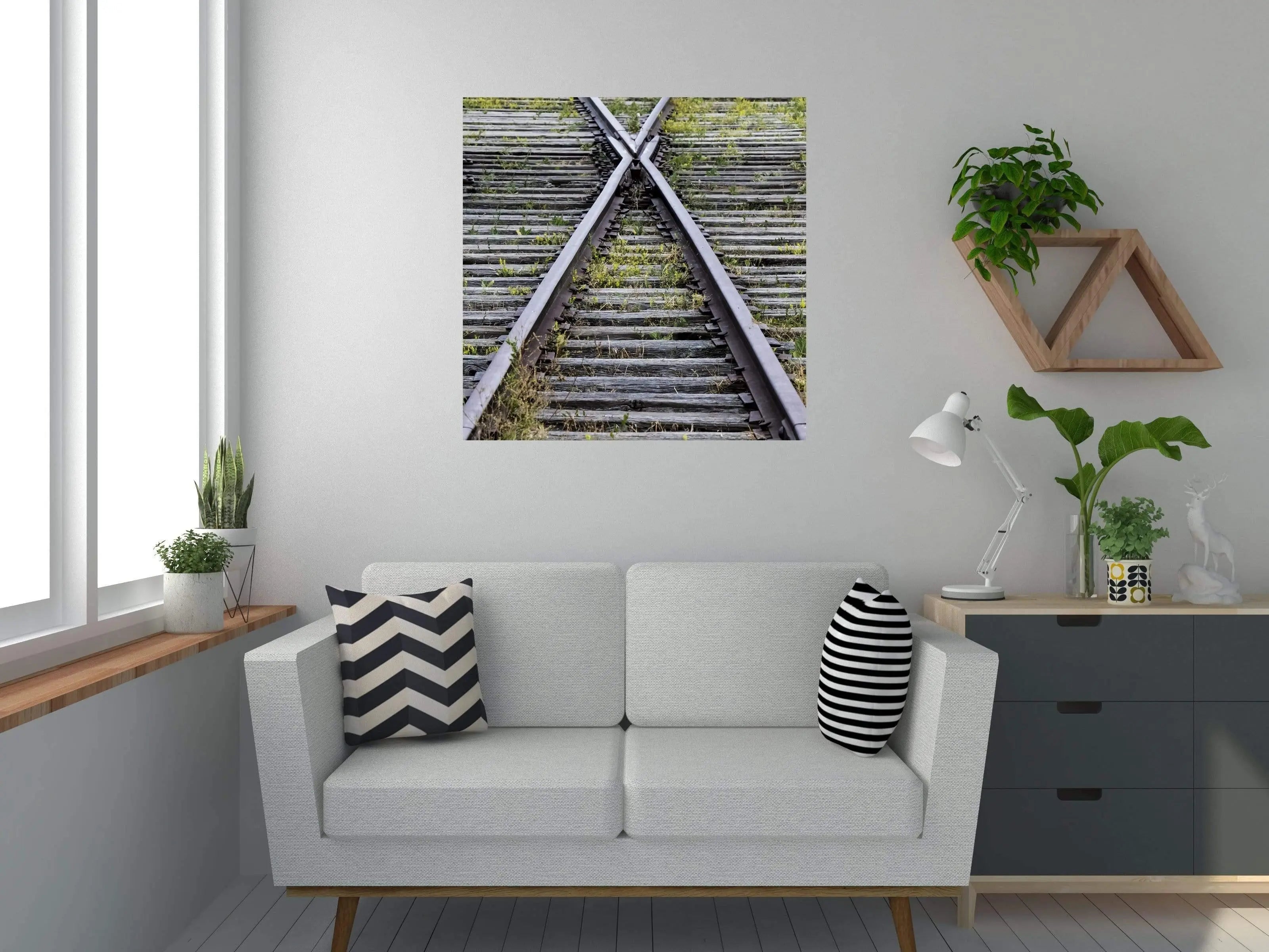 Brushed Metal Railroad Train Track wall art display in room