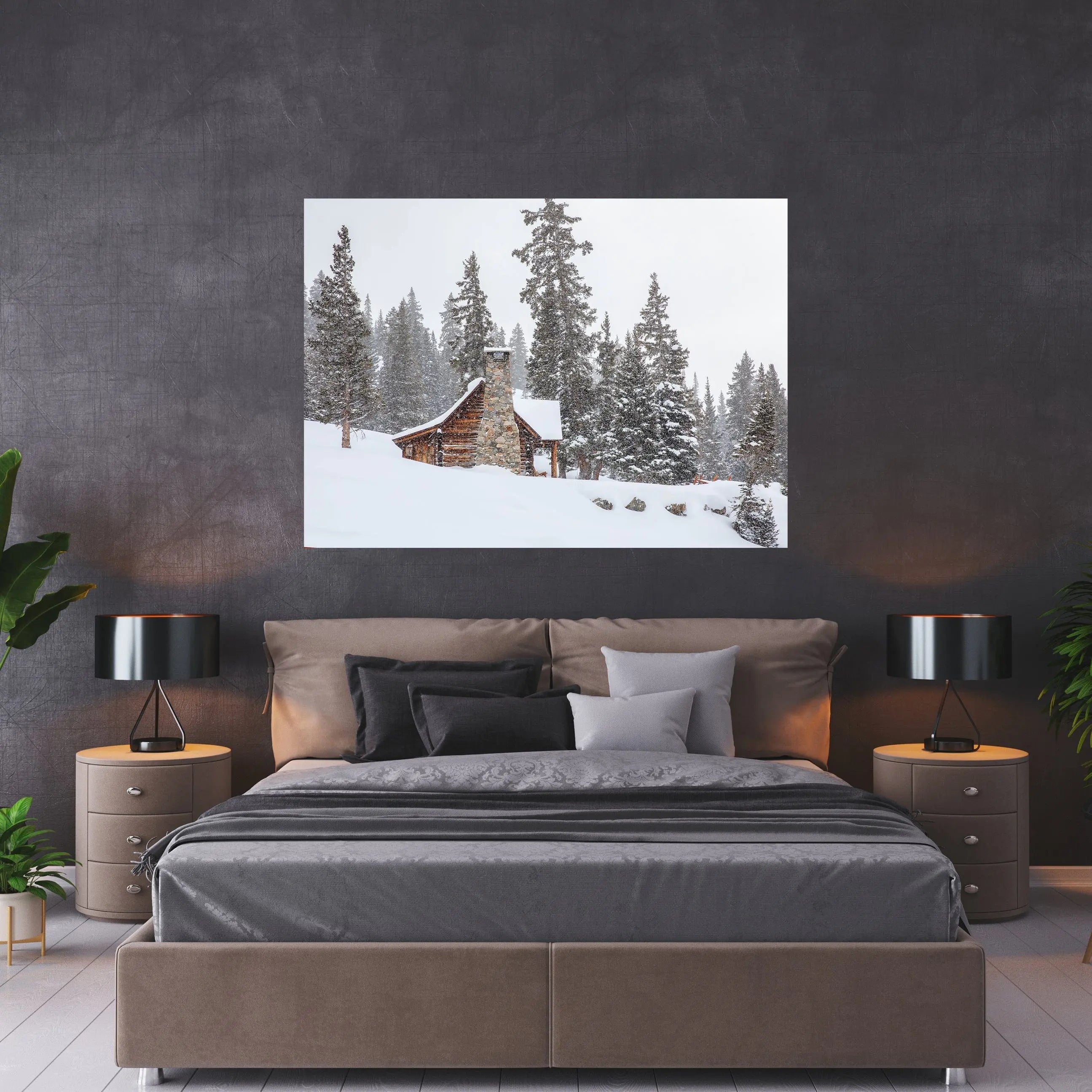 Snowy cabin wall art in a modern dark-toned bedroom — Colorado winter cabin photography adding contrast and warmth to contemporary decor.