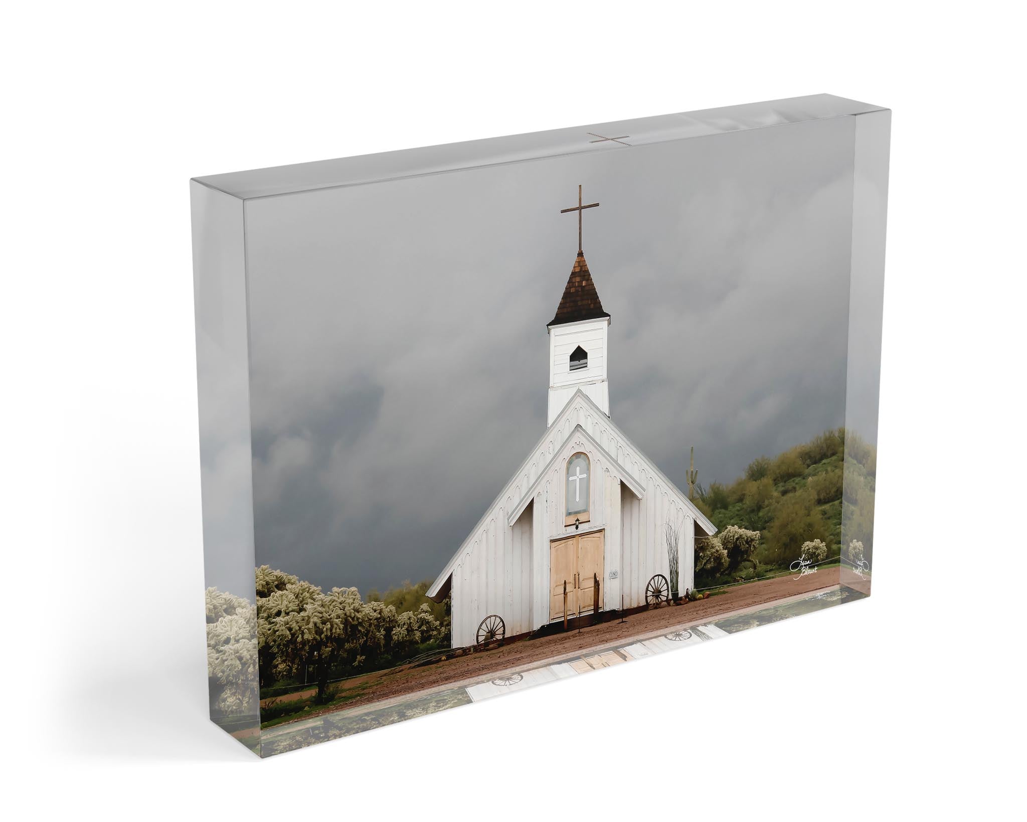Acrylic Block of rustic church. Spiritual Warfare in a 5x7 desk and shelf art.  Old white church beneath stormy Arizona sky, faith-inspired fine art by Lisa Blount.