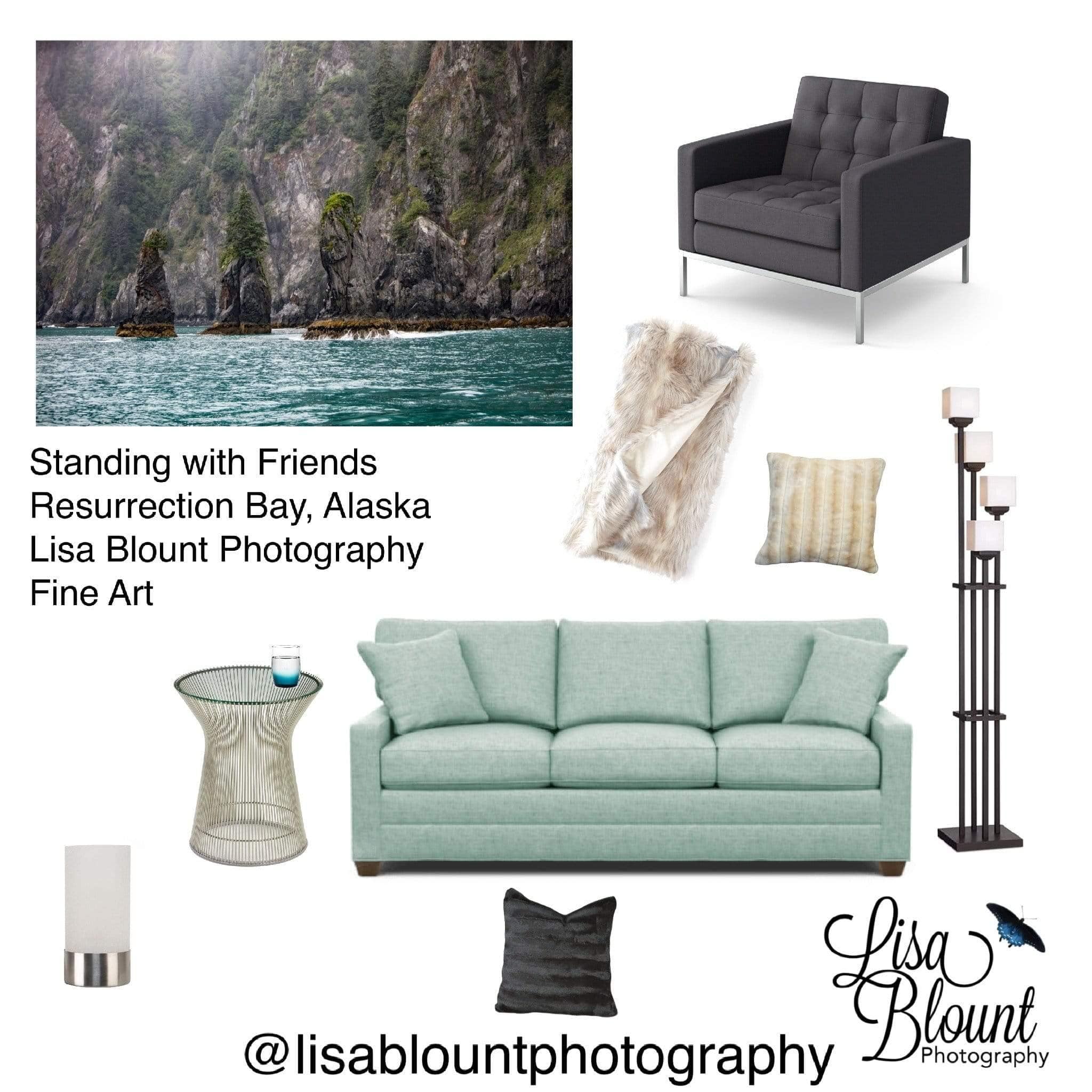 teal gray mood board with art alaska kenai fjords