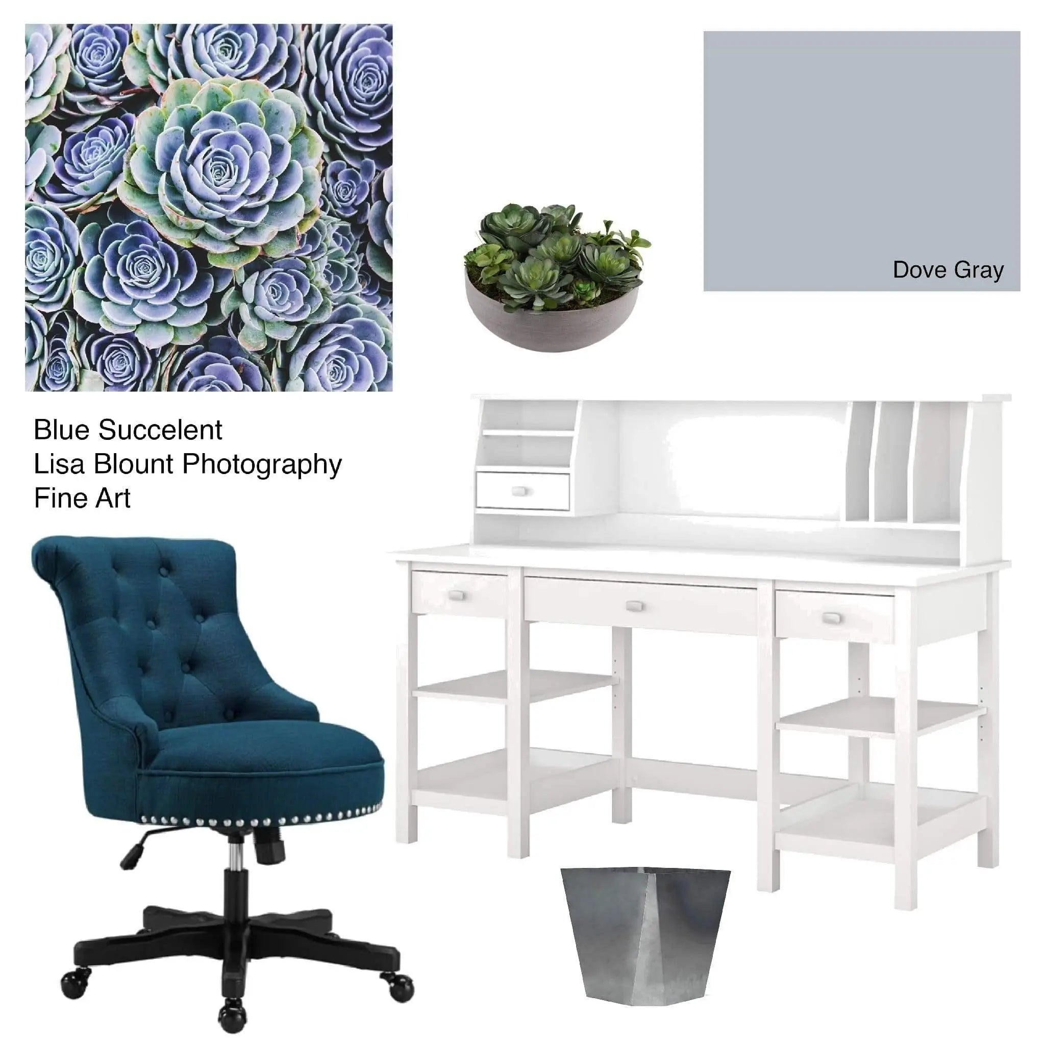 Blue Succulent moodboard featuring the artwork alongside desk furnishings, color swatches, and coordinated décor inspiration.